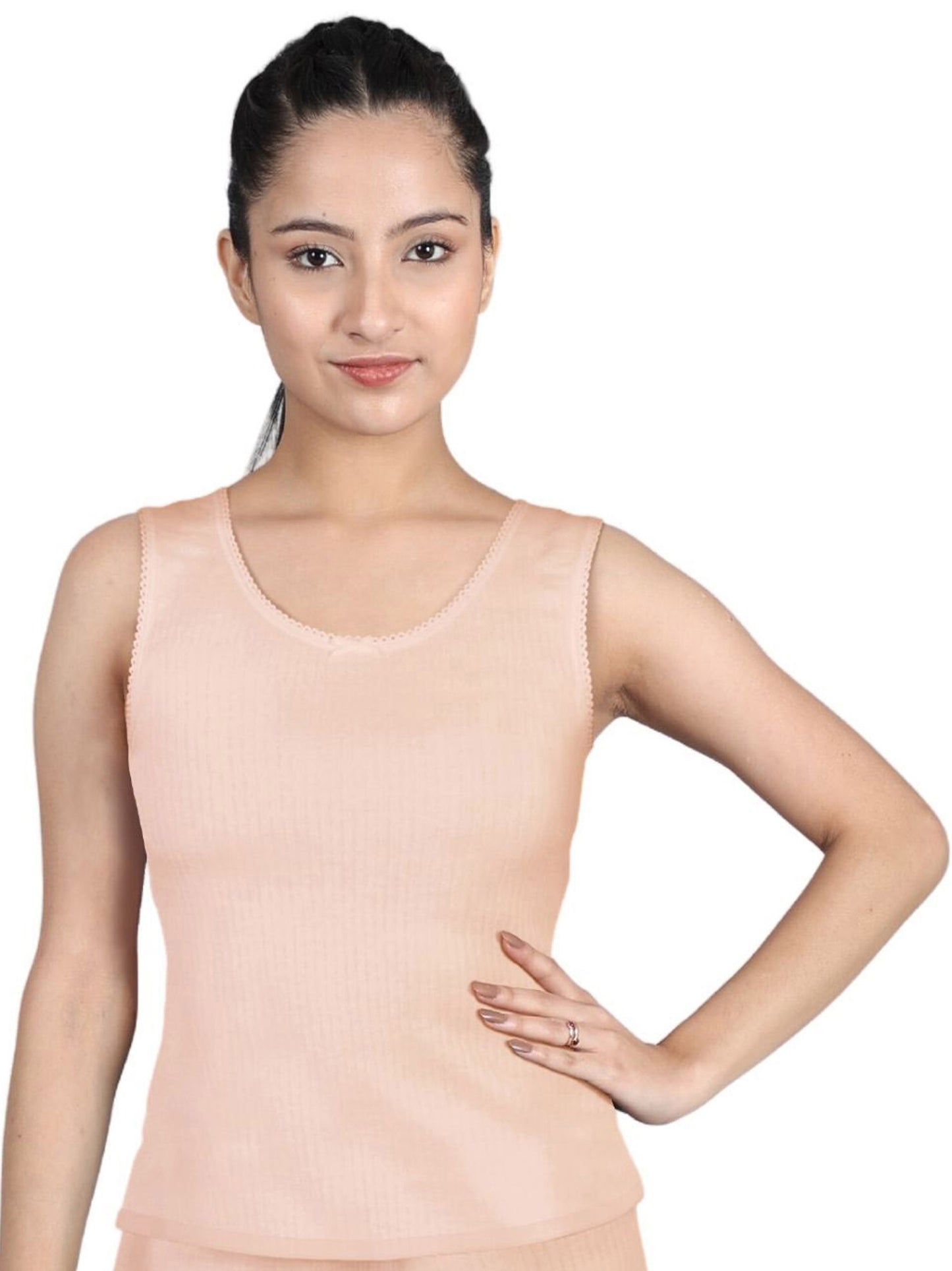 Round Neck Sleeveless Thermal Tank Top | Peach Winterwear For Girls & Young Women| Set of 1