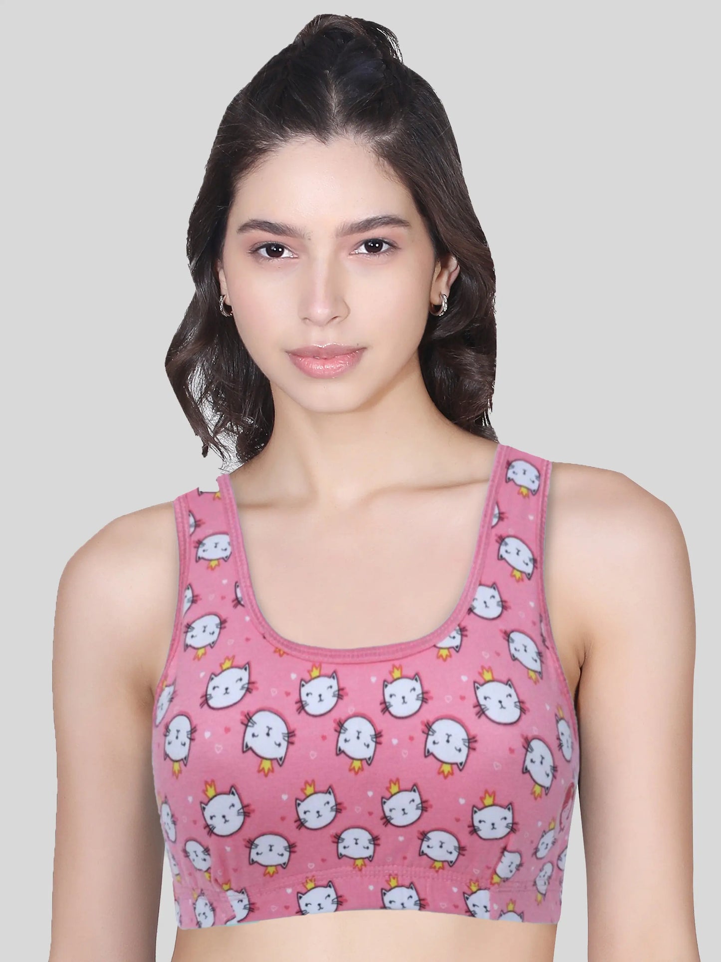 Double-Layer Broad Strap Cotton Sports Bra | Non-Padded Bra | Kitty Printed Bra