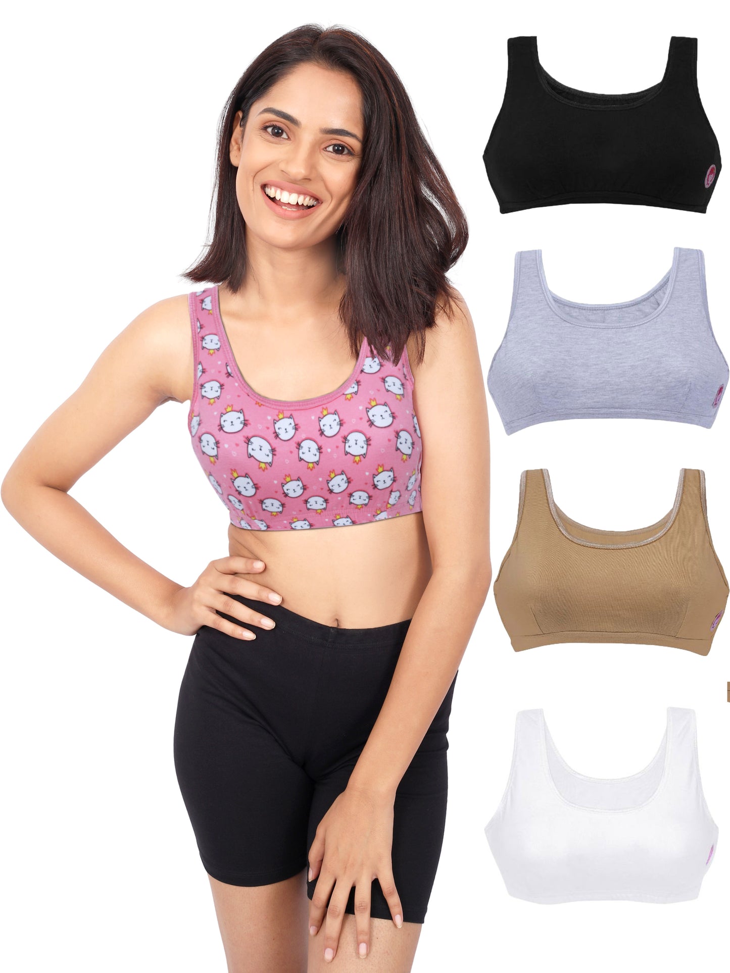 Double-Layer Broad Strap Cotton Yoga Bra | Non-Padded Bra for Young Women | Kitty Print & Solid Bra