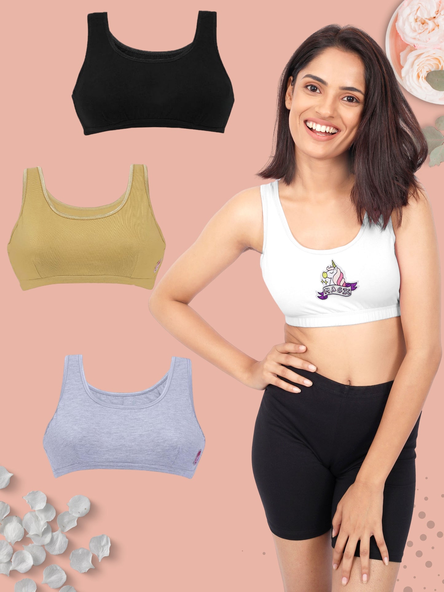 Double-Layer Broad Strap Cotton Sports Bra | Non-Padded | Unicorn Print & Solid