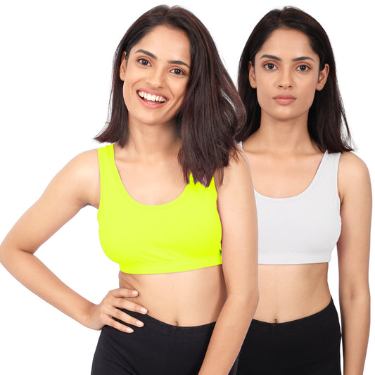 DOUBLE-LAYER BROAD STRAP COTTON SPORTS BRA | NON-PADDED BEGINNER BRA | NEON GREEN & WHITE