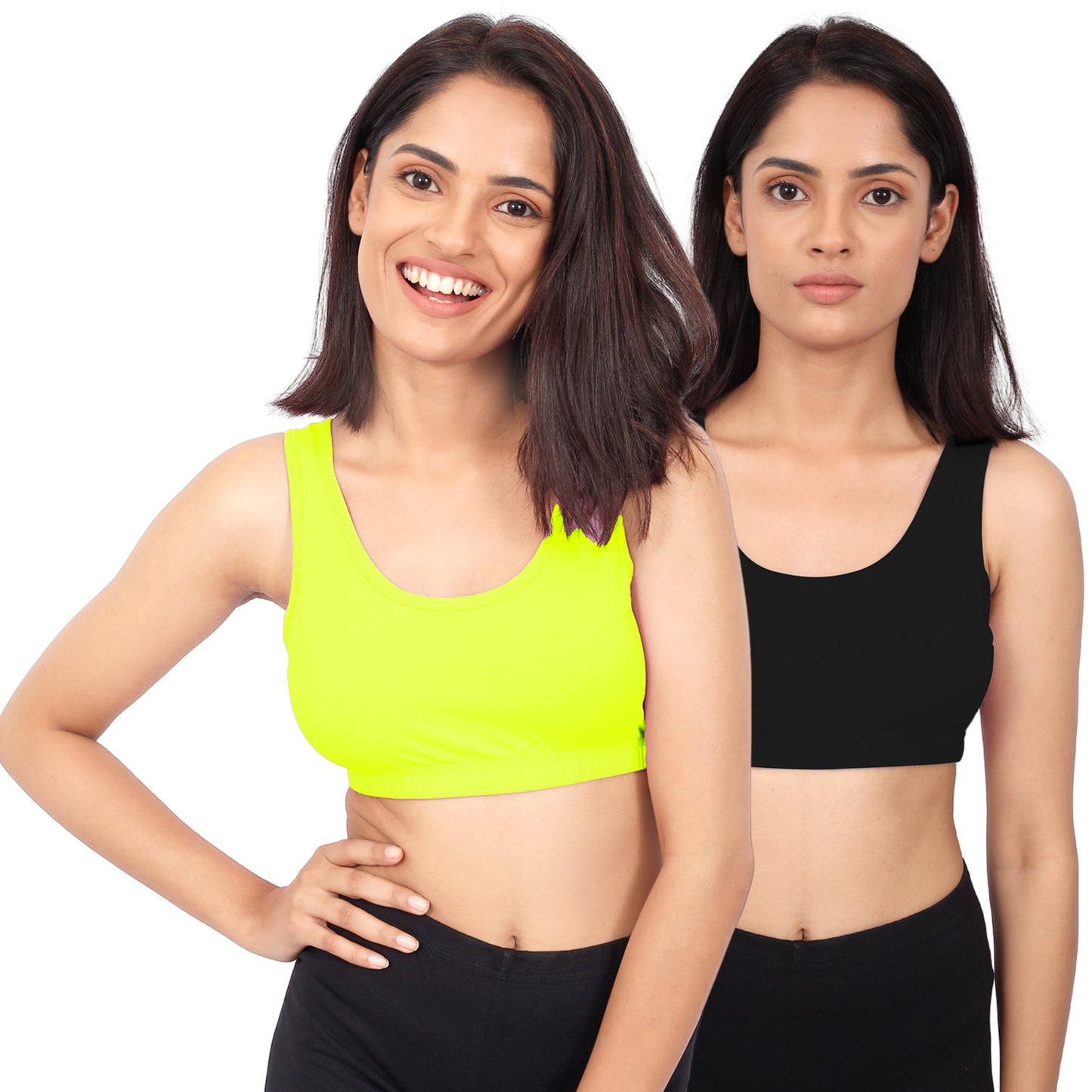 DOUBLE-LAYER BROAD STRAP COTTON SPORTS BRA | NON-PADDED BEGINNER BRA | NEON GREEN & BLACK