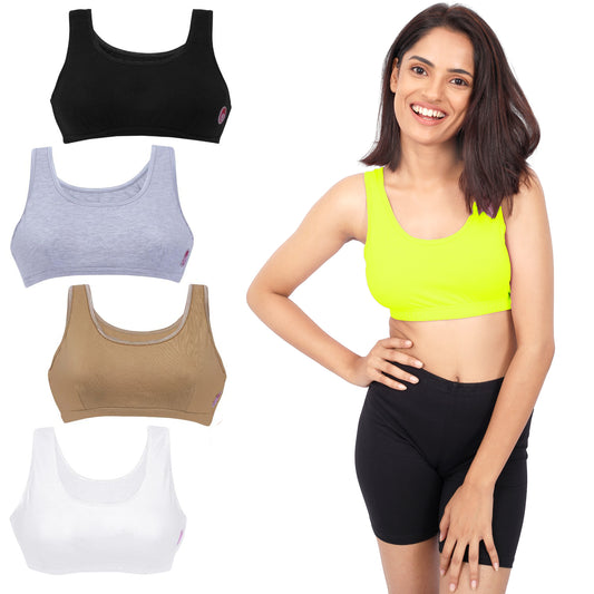 DOUBLE-LAYER BROAD STRAP COTTON SPORTS BRA | NON-PADDED BEGINNER BRA | MULTICOLOUR