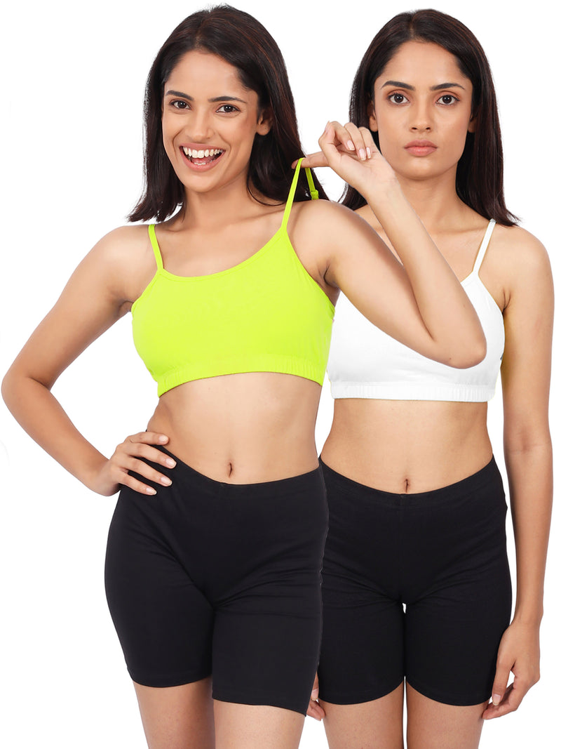 DOUBLE-LAYER THIN STRAP COTTON ATHLETIC BRAS | NON-PADDED BEGINNER BRA | NEON GREEN & WHITE