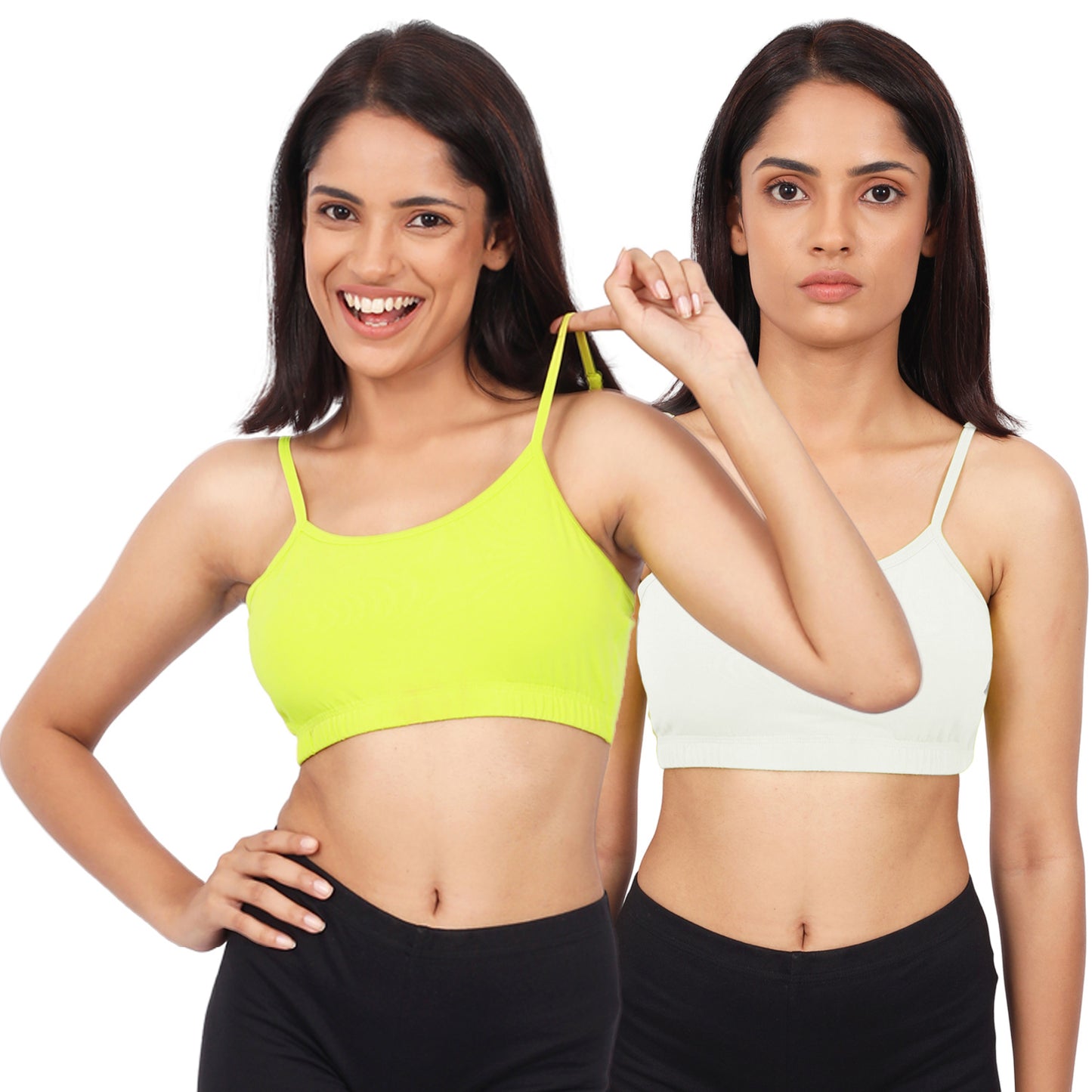 DOUBLE-LAYER THIN STRAP COTTON ATHLETIC BRAS | NON-PADDED BEGINNER BRA | NEON GREEN & WHITE