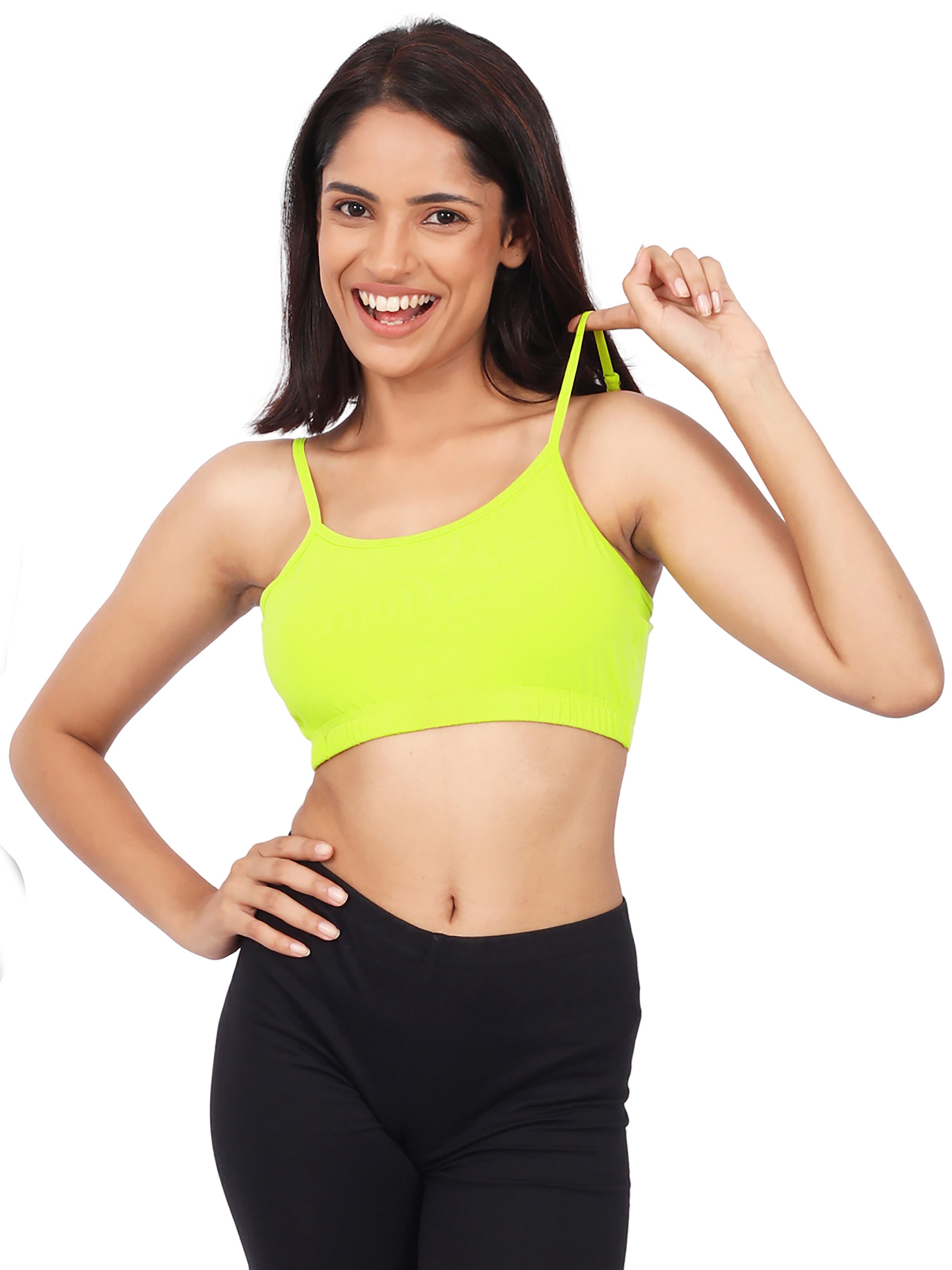 DOUBLE-LAYER THIN STRAP COTTON ATHLETIC BRAS | NON-PADDED BEGINNER BRA | NEON GREEN & WHITE