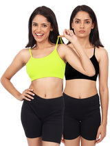 DOUBLE-LAYER THIN STRAP COTTON ATHLETIC BRAS | NON-PADDED BEGINNER BRA | NEON GREEN & BLACK