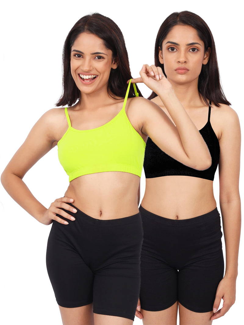 DOUBLE-LAYER THIN STRAP COTTON ATHLETIC BRAS | NON-PADDED BEGINNER BRA | NEON GREEN & BLACK