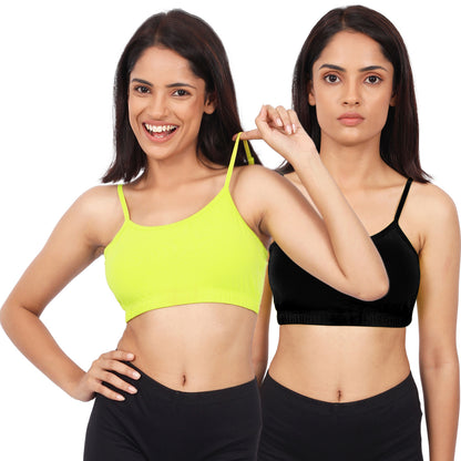 DOUBLE-LAYER THIN STRAP COTTON ATHLETIC BRAS | NON-PADDED BEGINNER BRA | NEON GREEN & BLACK