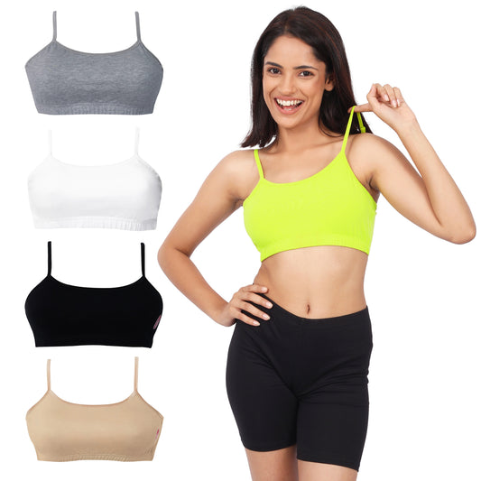 DOUBLE-LAYER THIN STRAP COTTON ATHLETIC BRAS | NON-PADDED BEGINNER BRA | MULTICOLOUR