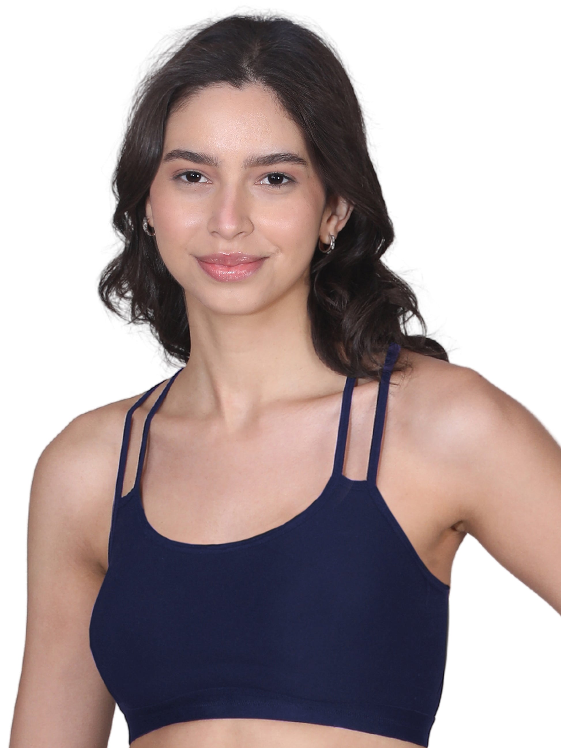 Cotton Criss Cross Back Sports Bra in Navy Blue with Removable Padding, Elastic Underband