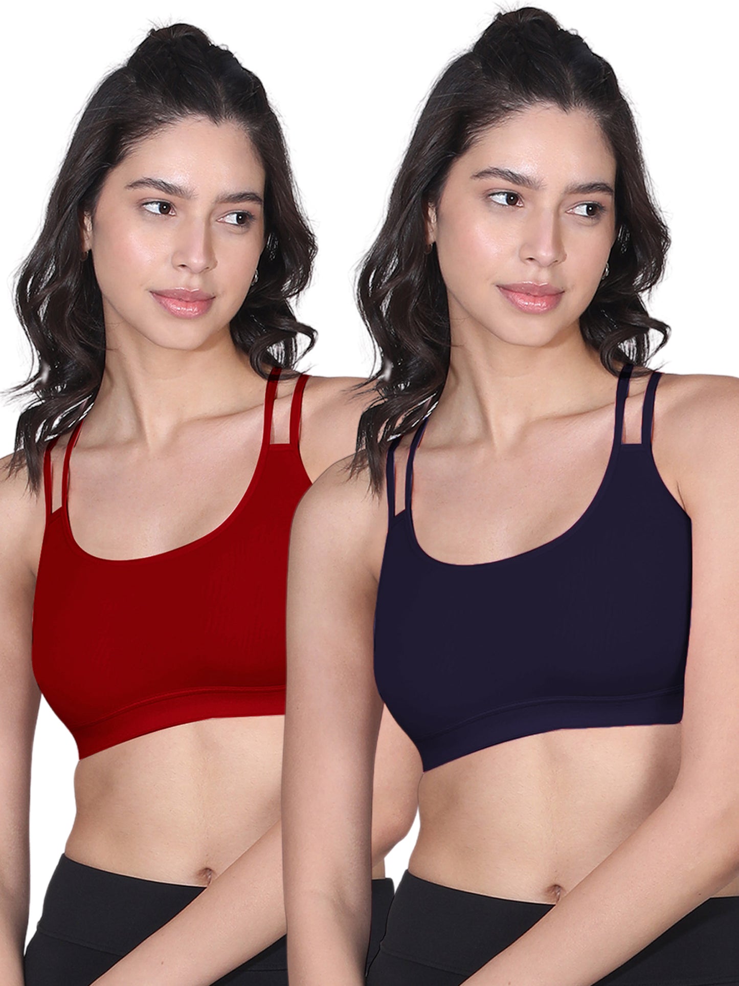 Full Coverage Maroon and Navy Blue Cotton Sports Bra with Criss Cross Back