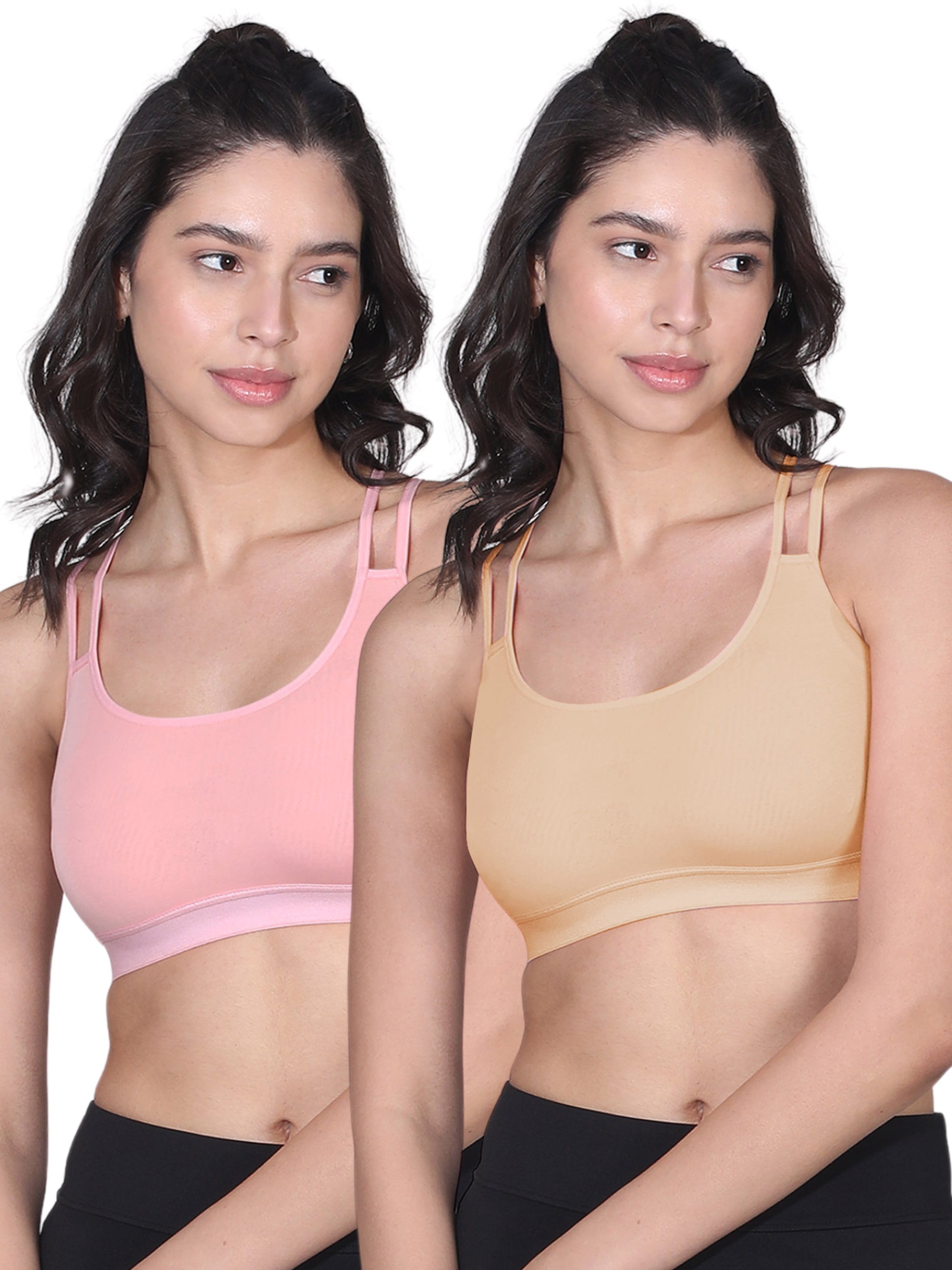 Cotton Sports Bra with Criss Cross Back in Light Pink & Skin