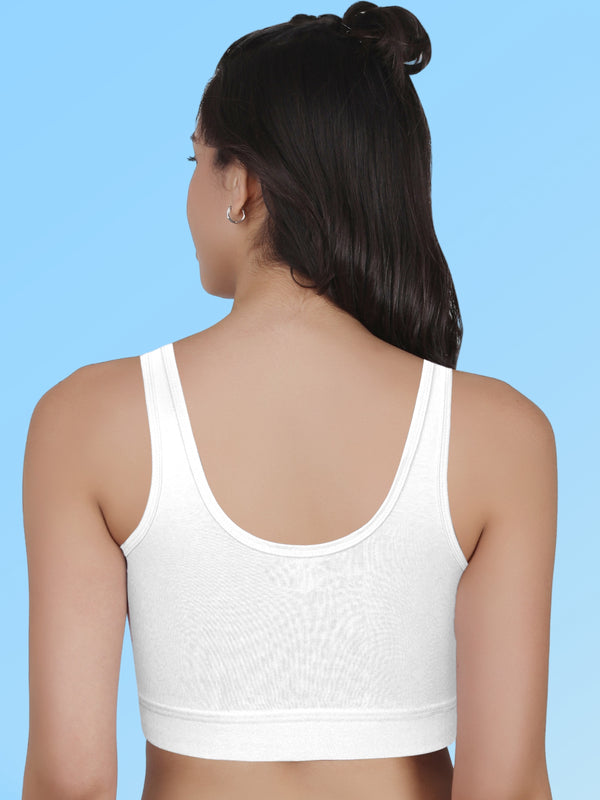 Broad Strap Cotton Gathers Bra | Elasticated Underband | Removable Pads | Full Coverage | Good Support | White Sports Bra