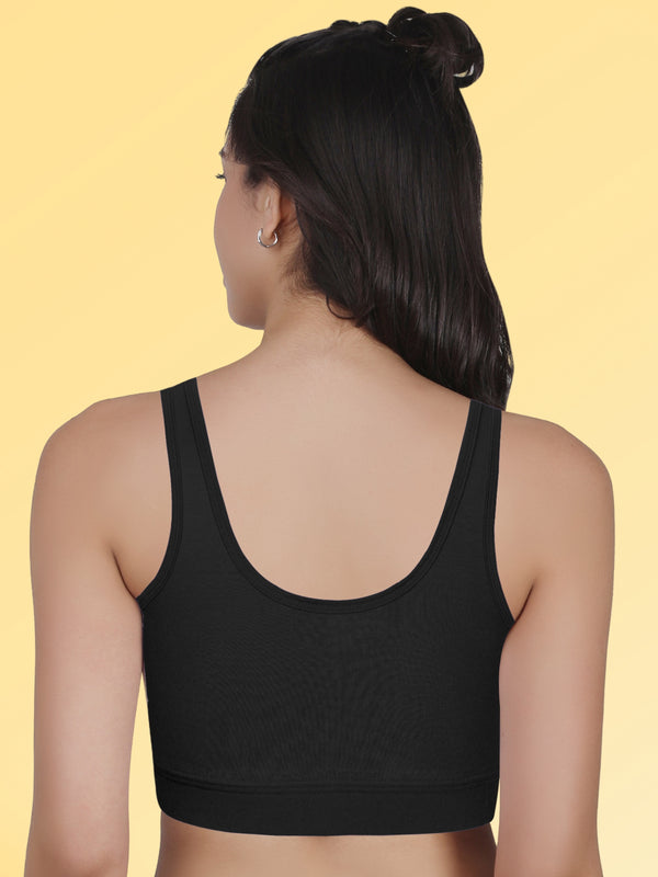 Broad Strap Cotton Gathers Bra | Elasticated Underband | Removable Pads | Full Coverage | Good Support | Black Sports Bra