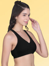 Broad Strap Cotton Gym Bra for Womens  | Removable Pads | Elasticated Underbrand | Good Support | Full Coverage Pack of 1 | Black Sports Bra