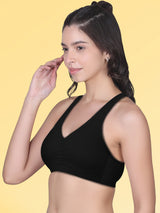 Broad Strap Cotton Gym Bra for Womens  | Removable Pads | Elasticated Underbrand | Good Support | Full Coverage Pack of 1 | Black Sports Bra