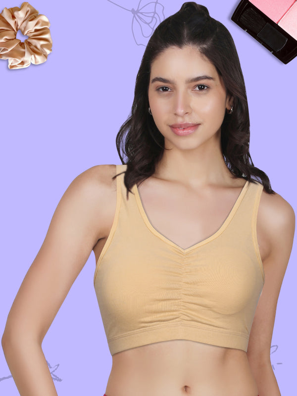 Broad Strap Cotton Gathers Bra | Elasticated Underband | Removable Pads | Full Coverage