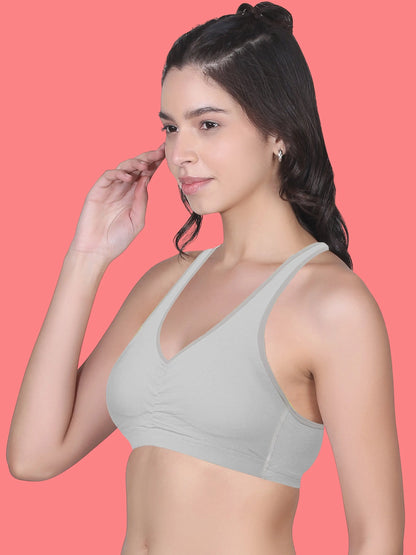 Broad Strap Cotton Gym Bra for Womens  | Removable Pads | Elasticated Underbrand | Good Support | Full Coverage Pack of 1 | Grey Sports Bra