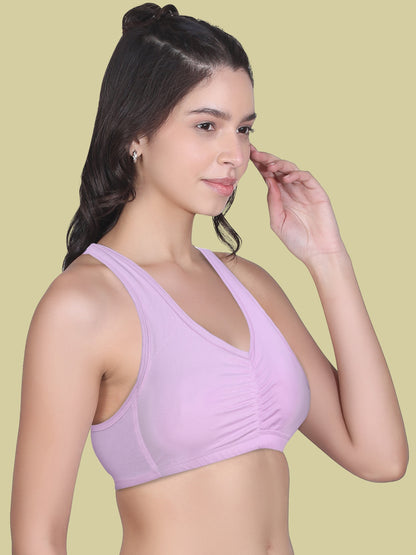 Broad Strap Cotton Gym Bra for Womens  | Removable Pads | Elasticated Underbrand | Good Support | Full Coverage Pack of 1 | Lilac Sports Bra