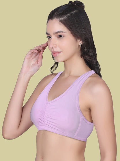 Broad Strap Cotton Gym Bra for Womens  | Removable Pads | Elasticated Underbrand | Good Support | Full Coverage Pack of 1 | Lilac Sports Bra