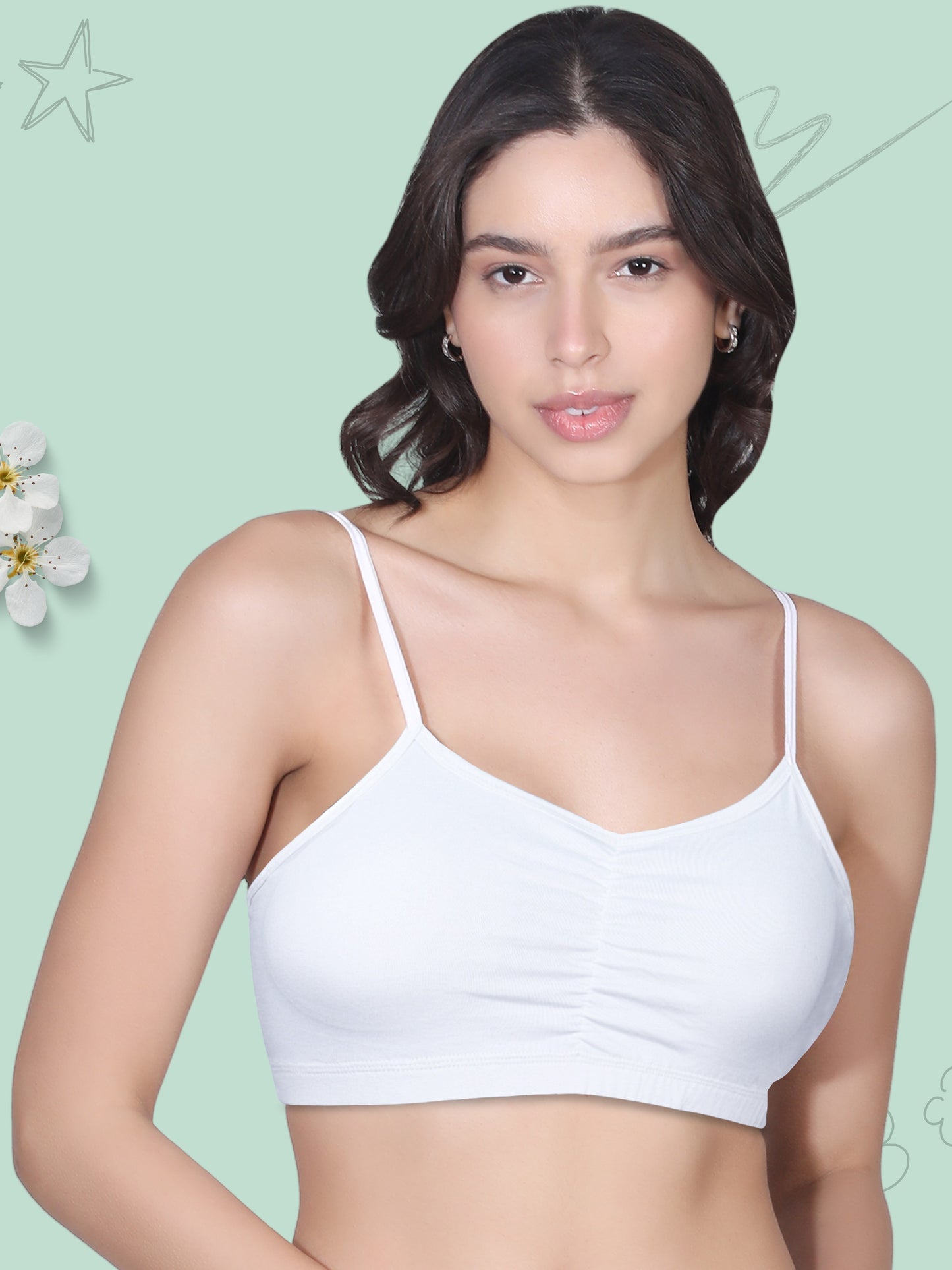 Thin Strap Cotton Gathers Bra | Elasticated Underband | Removable Pads | Full Coverage