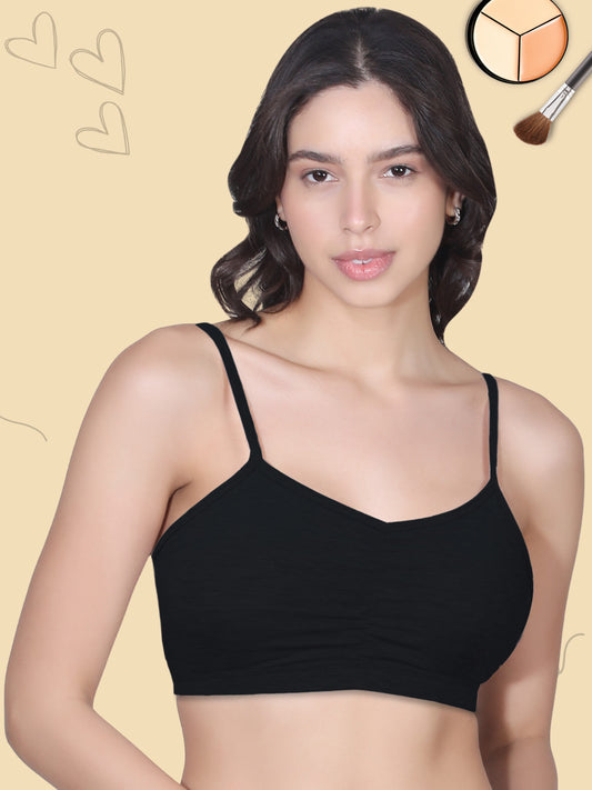 Thin Strap Cotton Gathers Bra | Elasticated Underband | Removable Pads | Full Coverage