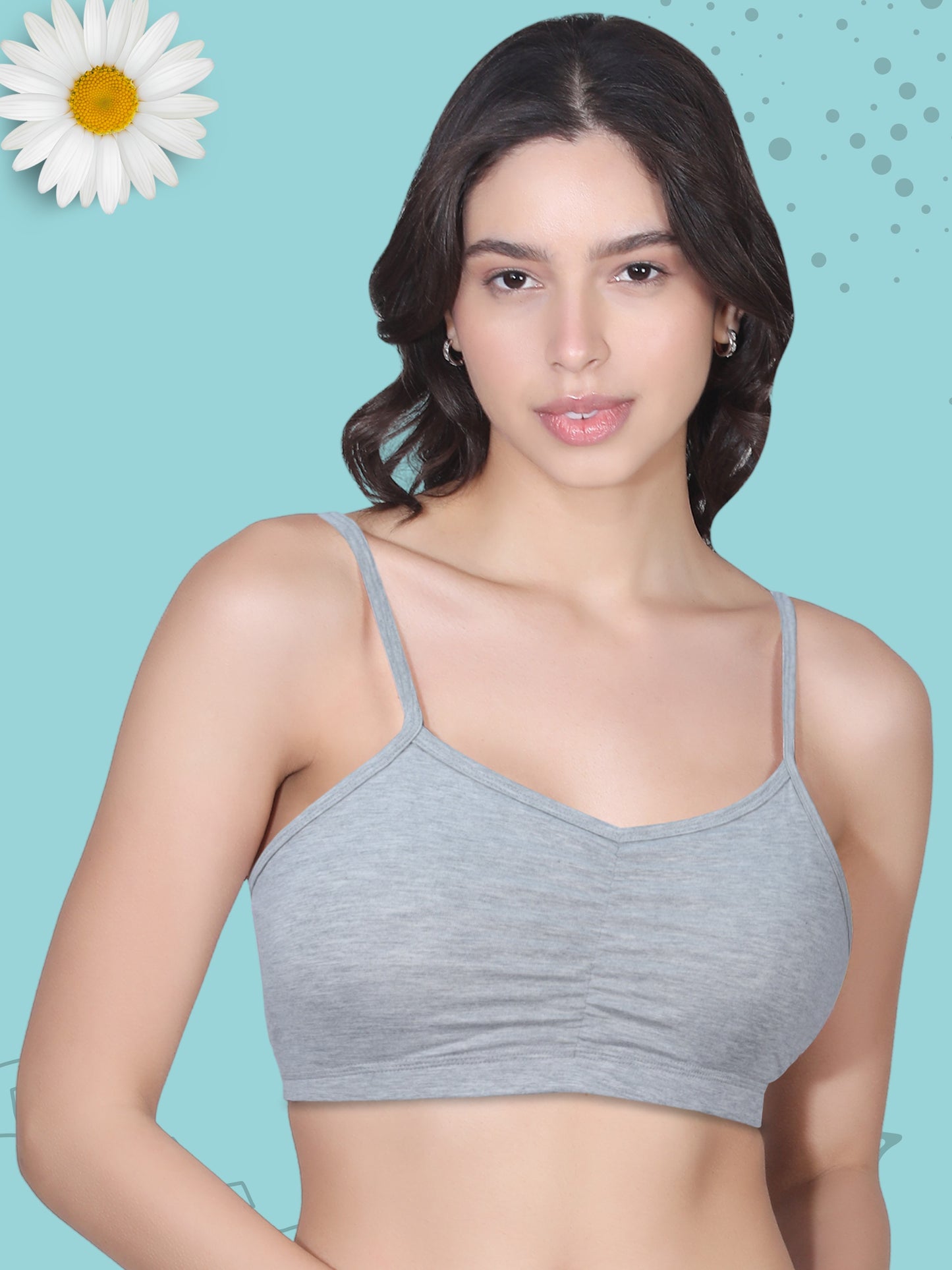 Thin Strap Cotton Gathers Bra | Elasticated Underband | Removable Pads | Full Coverage