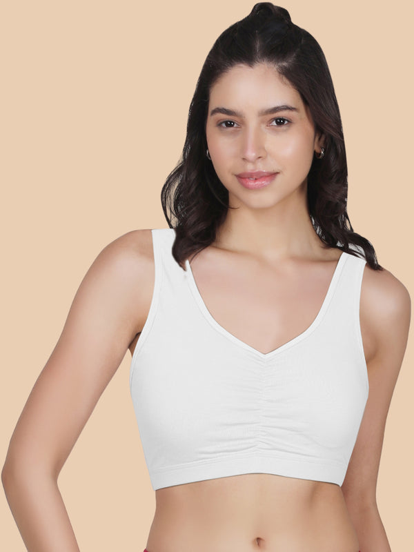 Broad Strap Cotton Gathers Bra | Elasticated Underband | Removable Pads | Full Coverage | Good Support | White & Black Sports Bra