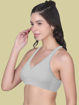 Broad Strap Cotton Gym Bra for Womens  | Removable Pads | Elasticated Underbrand | Good Support | Full Coverage Pack of 2 | Grey & Skin Sports Bra