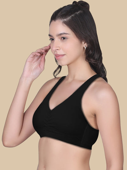 Broad Strap Cotton Gym Bra for Womens  | Removable Pads | Elasticated Underbrand | Good Support | Full Coverage Pack of 2 | Grey & Black Sports Bra