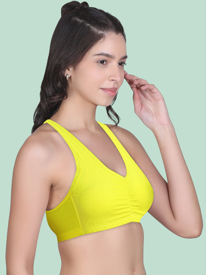 Broad Strap Cotton Gym Bra for Womens  | Removable Pads | Elasticated Underbrand | Good Support | Full Coverage Pack of 2 | White & Neon Green Sports Bra