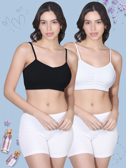 Thin Strap Cotton Gathers Bra | Elasticated Underband | Removable Pads | Full Coverage