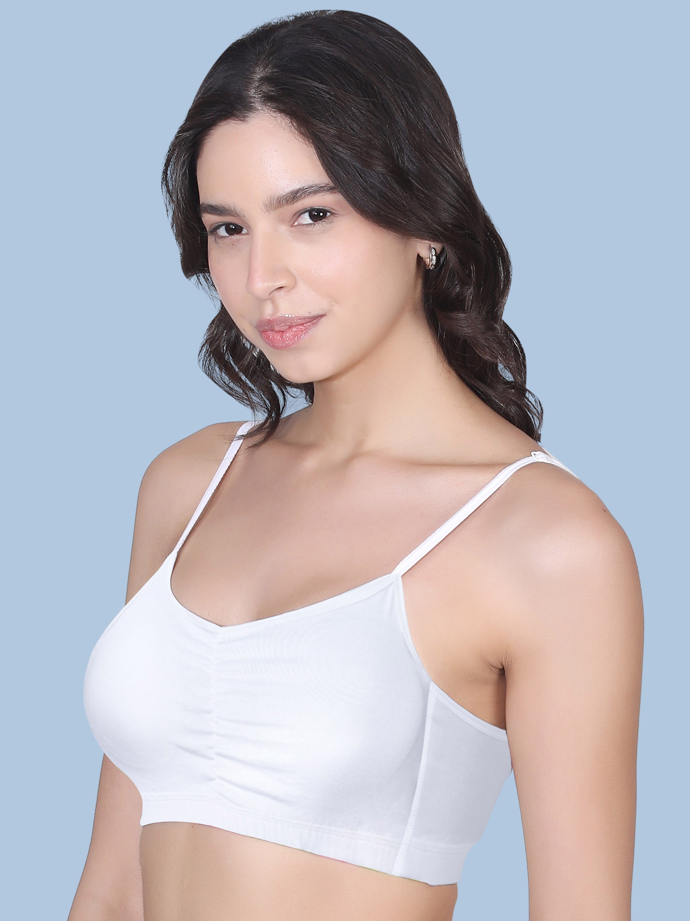 Thin Strap Cotton Gathers Bra | Elasticated Underband | Removable Pads | Full Coverage | Good Support |  White & Black Sports Bra