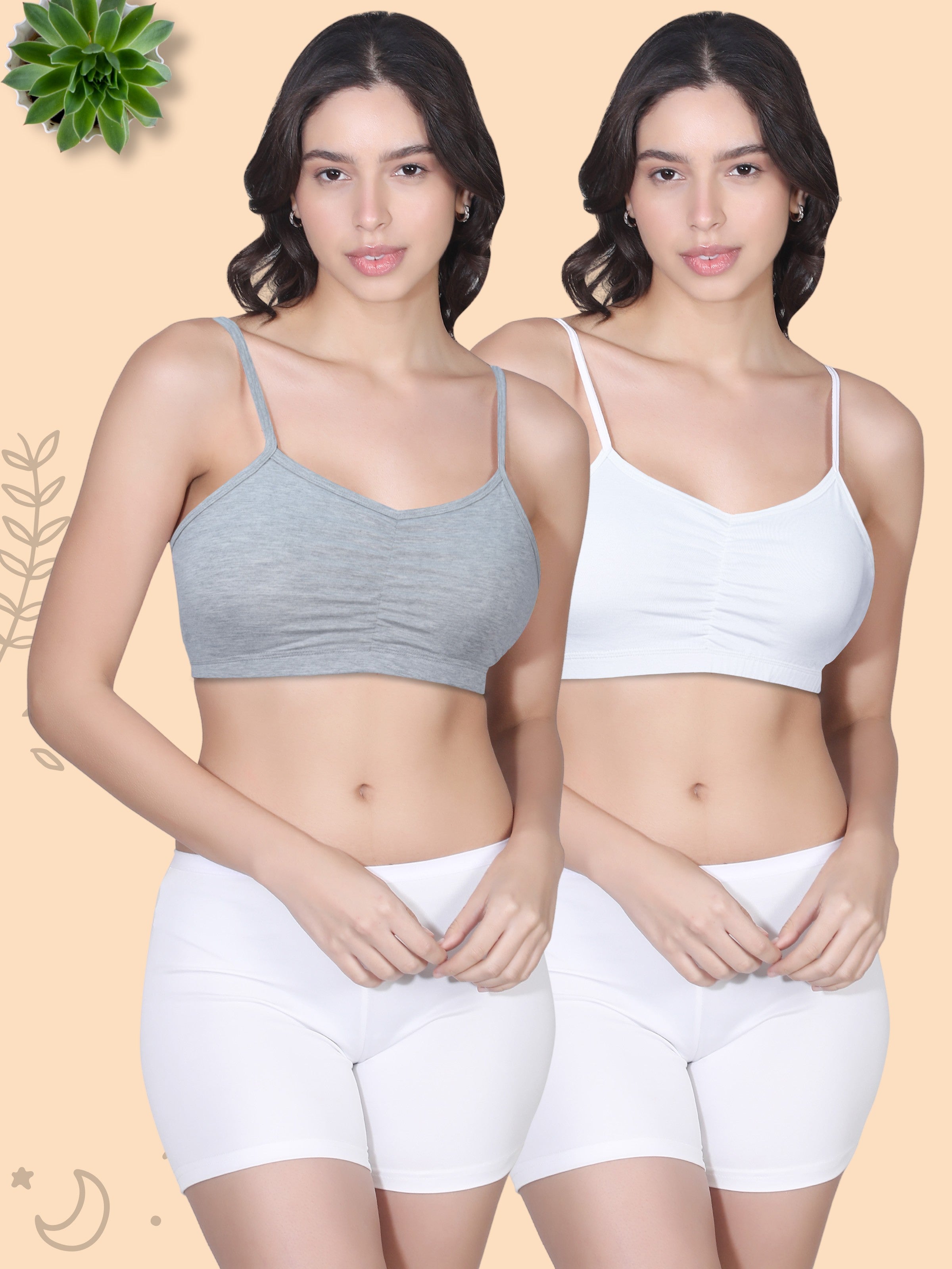 Thin Strap Cotton Gathers Bra | Elasticated Underband | Removable Pads | Full Coverage