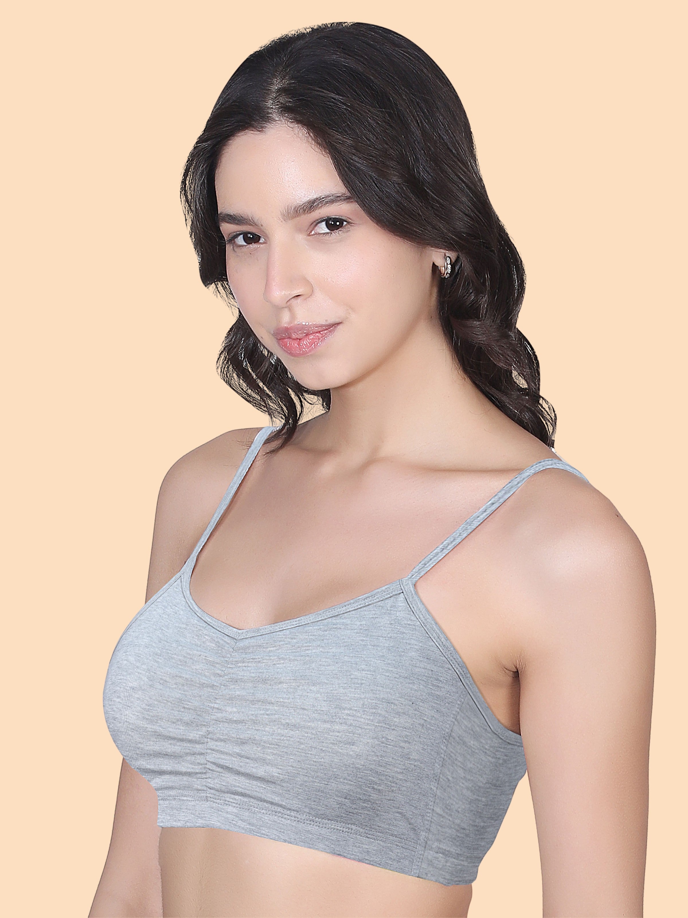 Thin Strap Cotton Gathers Bra | Elasticated Underband | Removable Pads | Full Coverage | Good Support |  White & Grey Sports Bra