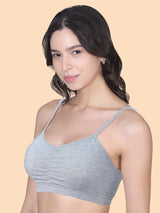 Thin Strap Cotton Gathers Bra | Elasticated Underband | Removable Pads | Full Coverage | Good Support |  White & Grey Sports Bra