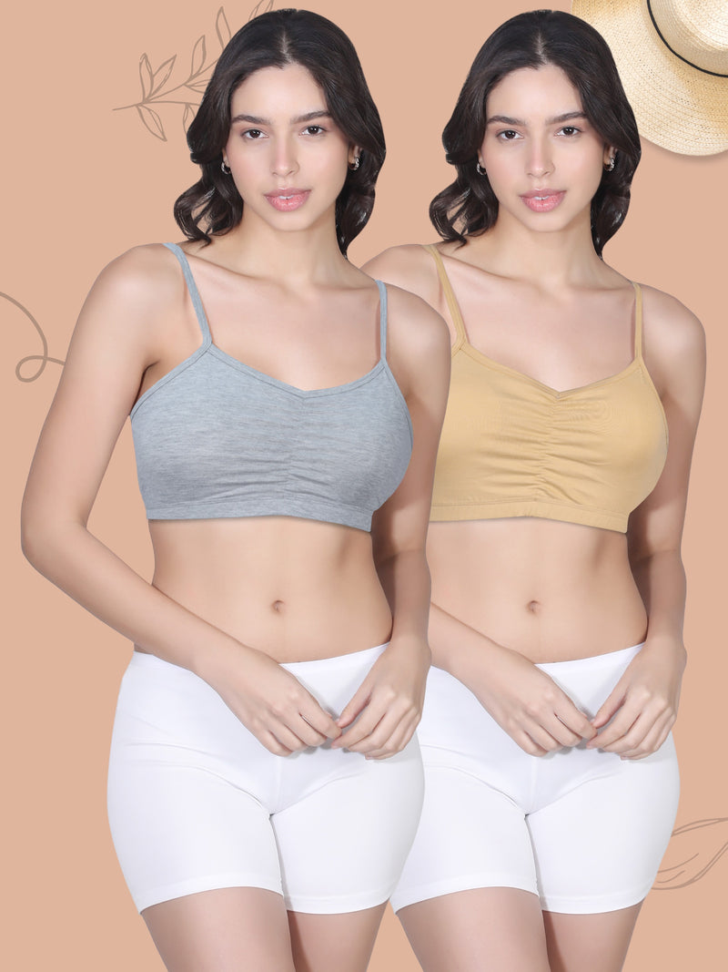 Thin Strap Cotton Gathers Bra | Elasticated Underband | Removable Pads | Full Coverage