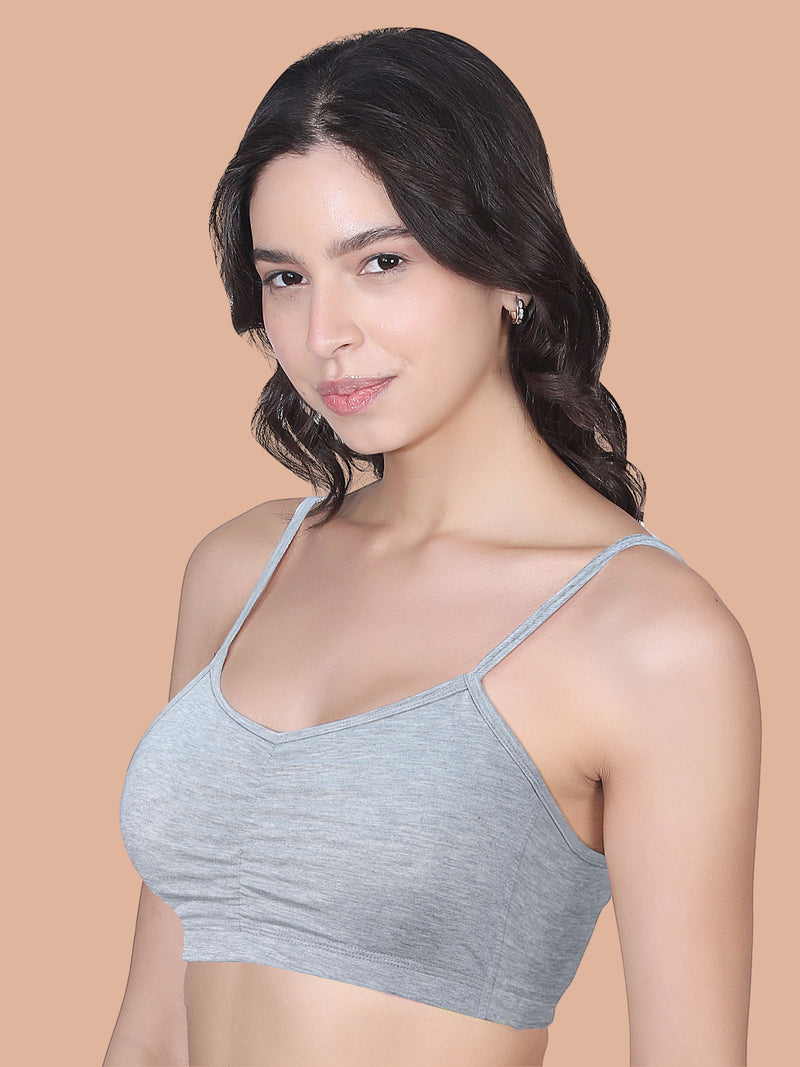 Thin Strap Cotton Gathers Bra | Elasticated Underband | Removable Pads | Full Coverage | Good Support | Grey & Skin Sports Bra