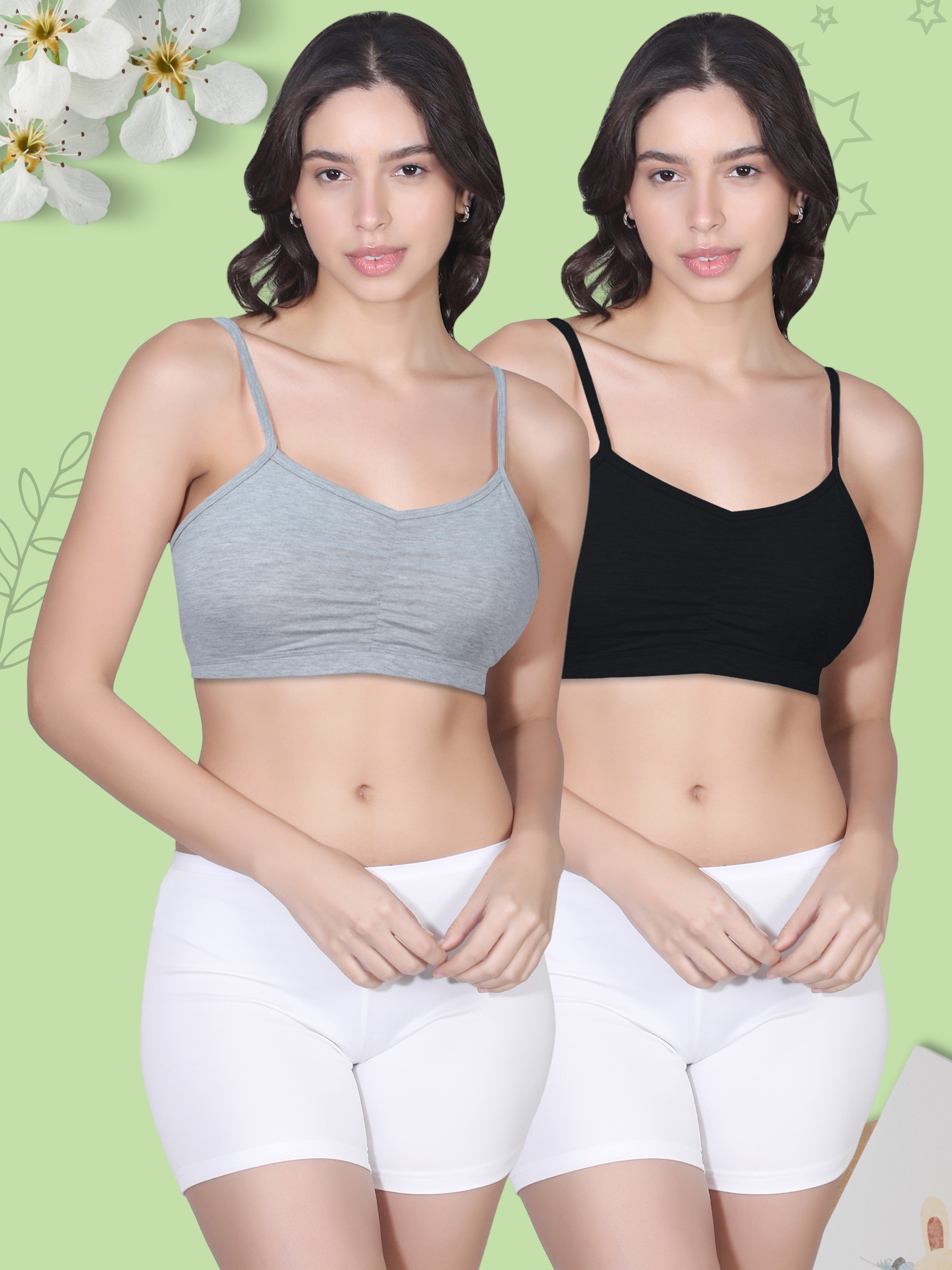 Thin Strap Cotton Gathers Bra | Elasticated Underband | Removable Pads | Full Coverage