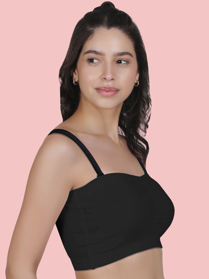 Cotton Strapless Tube Bra For Womens| Bandeau Bra With Removable Pads | Black Tube Top With Straps Pack Of 1