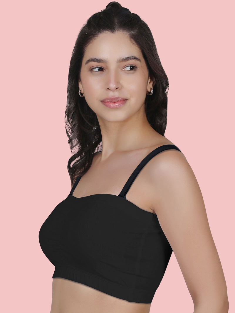 Cotton Strapless Tube Bra For Womens| Bandeau Bra With Removable Pads | Black Tube Top With Straps Pack Of 1