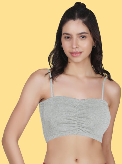 Cotton Strapless Tube Bra For Womens| Bandeau Bra With Removable Pads | Grey Tube Top With Straps Pack Of 1