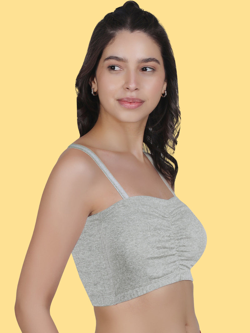 Cotton Strapless Tube Bra For Womens| Bandeau Bra With Removable Pads | Grey Tube Top With Straps Pack Of 1