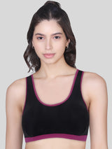 Single-Layer Broad Strap Cotton Sports Bra | Non-Padded | Solid Black