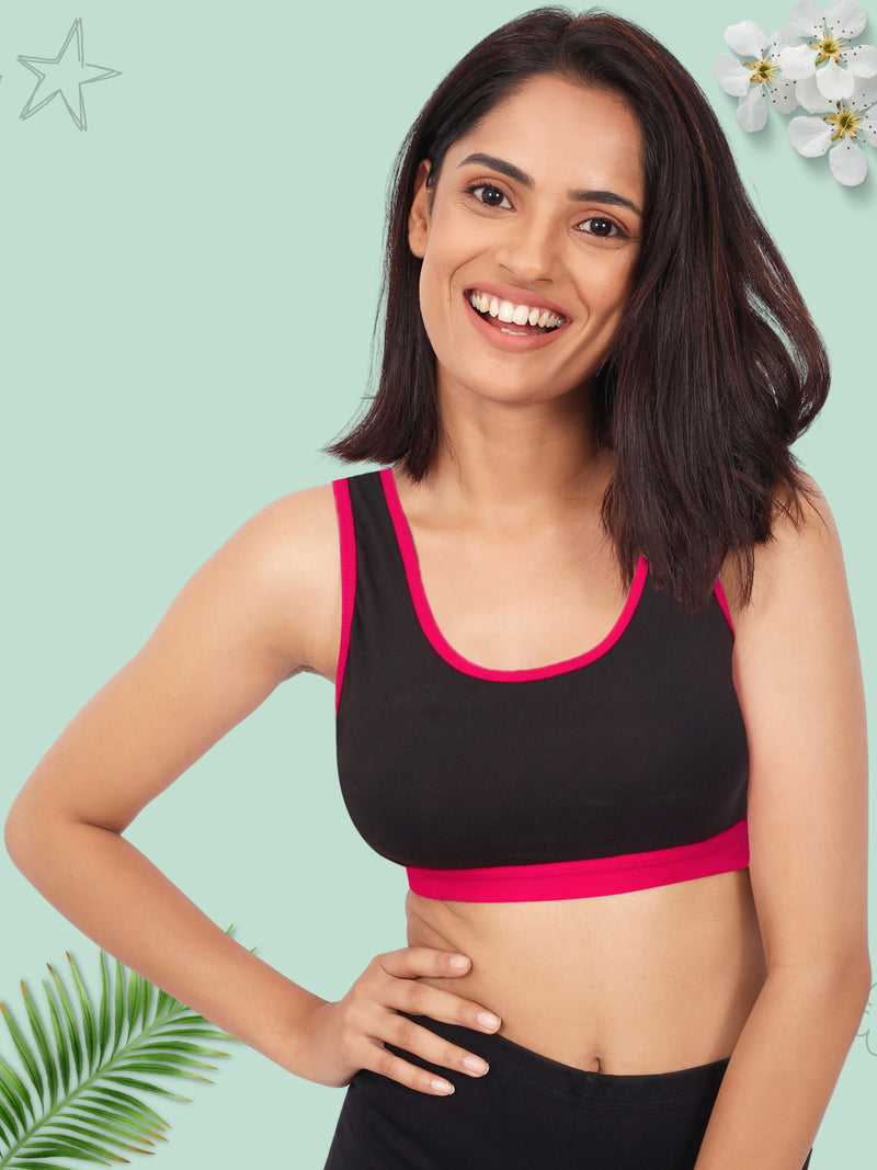 Single-Layer Broad Strap Cotton Sports Bra | Non-Padded | Solid Black