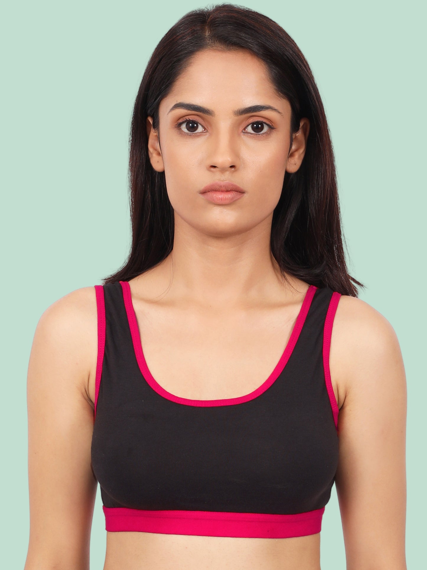 Single-Layer Broad Strap Cotton Sports Bra | Non-Padded | Solid Black