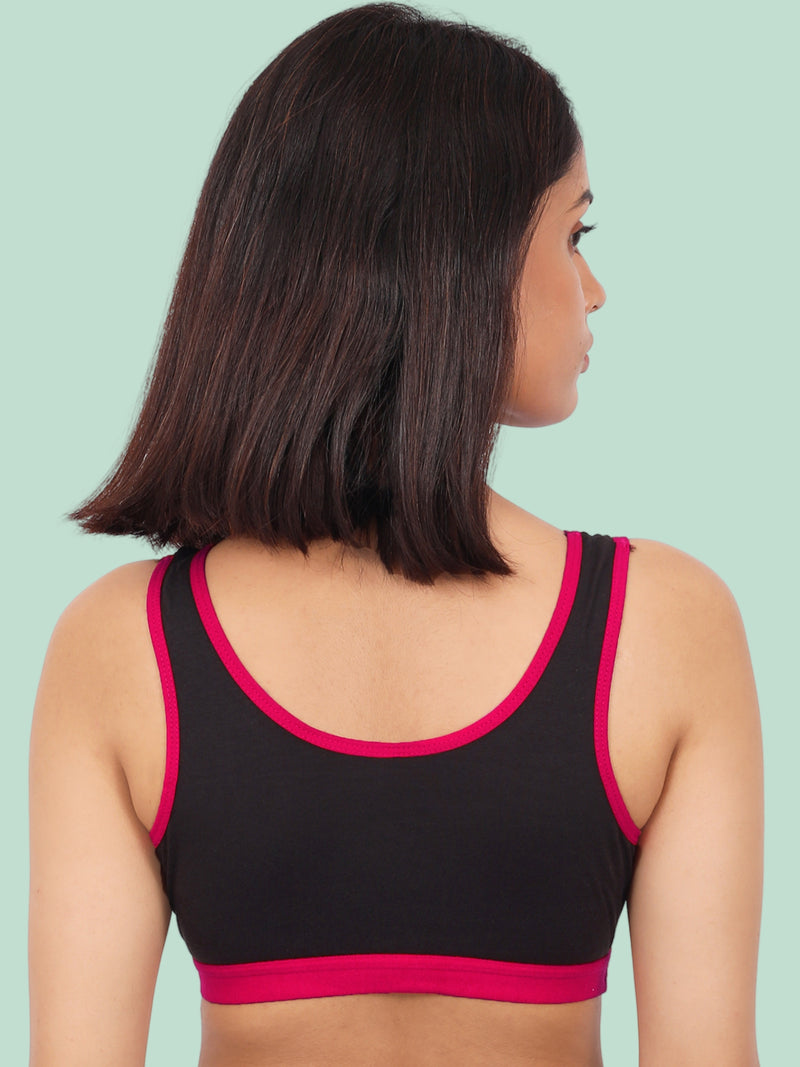 Single-Layer Broad Strap Cotton Sports Bra | Non-Padded | Solid Black