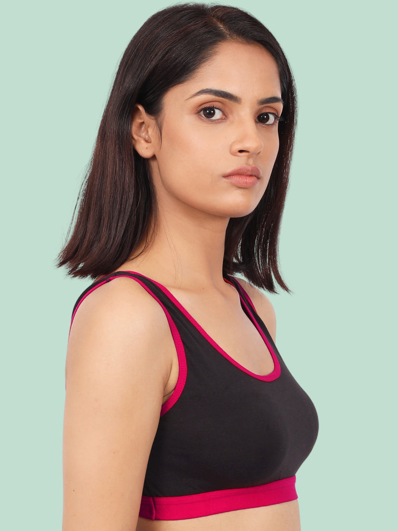 Single-Layer Broad Strap Cotton Sports Bra | Non-Padded | Solid Black