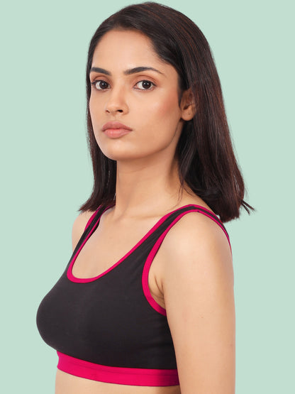 Single-Layer Broad Strap Cotton Sports Bra | Non-Padded | Solid Black